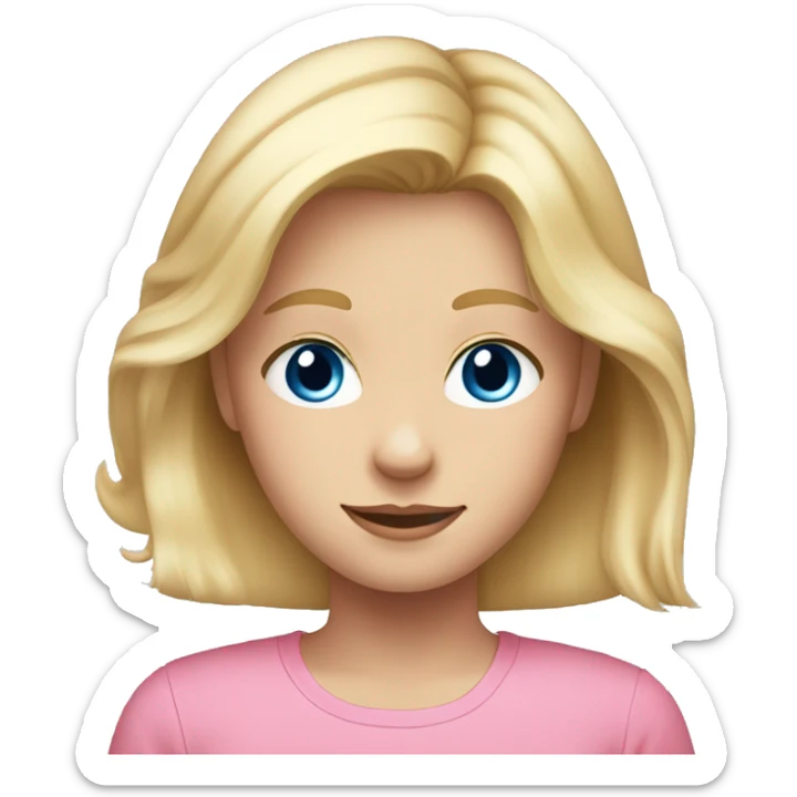 Blonde hair, blue eyes girl Age 13 hair just reaching her shoulders Wearing a pink top  sticker