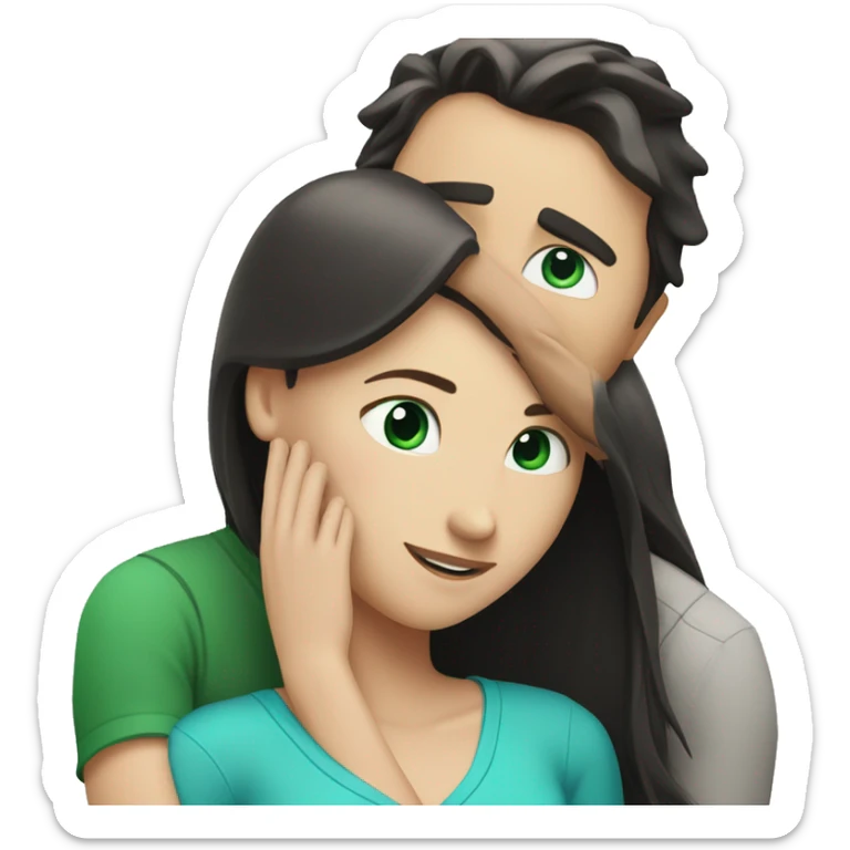 White man with blue eyes and BROWN hair hugging white woman with long straight black hair and green eyes sticker