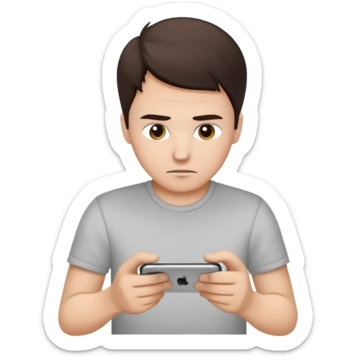 make a white guy with dark brown hair, with a simple white o grey shirt, repairing an iphone, un tecnico sticker