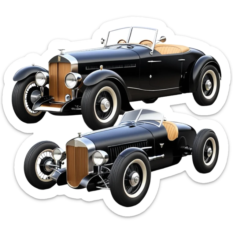 Batgirl’s black Bare bones (fenders removed) chopped streamlined sporty roadster (stripped down) hot street rodded engine sports car 1932 Rolls Royce Woody futuristic electric spaceship motors and lightning dynamos with wide racing wheels that are held strong by advanced suspension and steering sticker