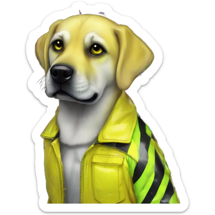 .Zombie_ Vaporwave black holographic oilslick zombie yellow Labrador zombie dog yellow caution tape graffiti stripes yellow and black stripes sticker