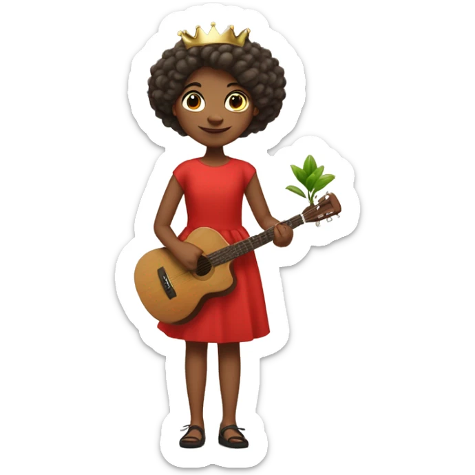 a girl who is a bit short with medium hair wearing a red frock with a potted plant in her one hand , paint brush in the other . musical notes all over . she should have a crown on her head  sticker