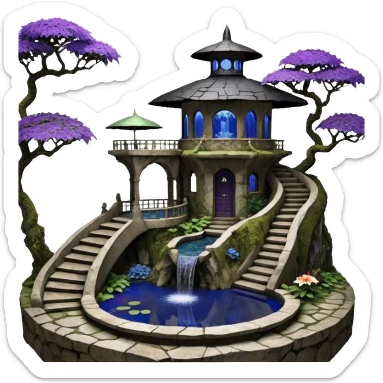 Alien saucer house jungle-vines precarious narrow stairway fountain koi pond mountain-island getaway nighttime landscape antique mudman very old broken cracked intricate Stone Age lapis-crusted irregular dodecagon-shaped shallow dark moss rough bark violet serissa flowered maple tree bonsai pot sticker