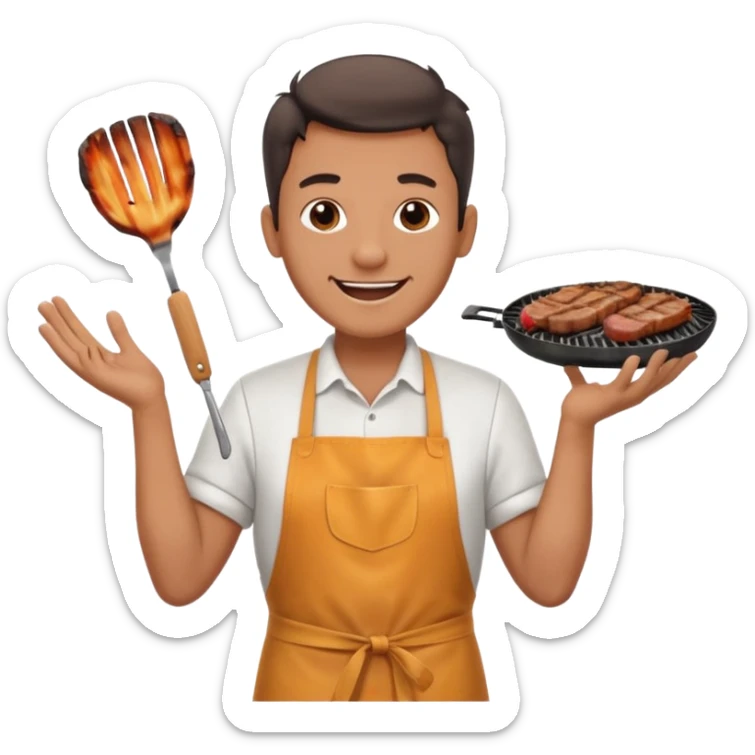A cheerful man in an apron flipping meat on a sizzling grill with smoke puffing upward. sticker