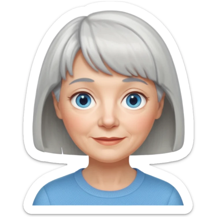 friendly older woman, gray hair with bangs and short hair, large light blue eyes, fair skin with subtle age lines, Apple Memoji style, digital, clean, soft edges, not caricature sticker
