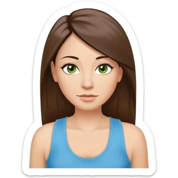 43 year old Adult woman avatar, light skin tone, long, oval face, long straight ashy brown hair, green almond-shaped eyes with dramatic eyelashes and minimal eyeliner, neutral mouth, medium straight eyebrows, small nose, smooth skin, sky blue tank top sticker