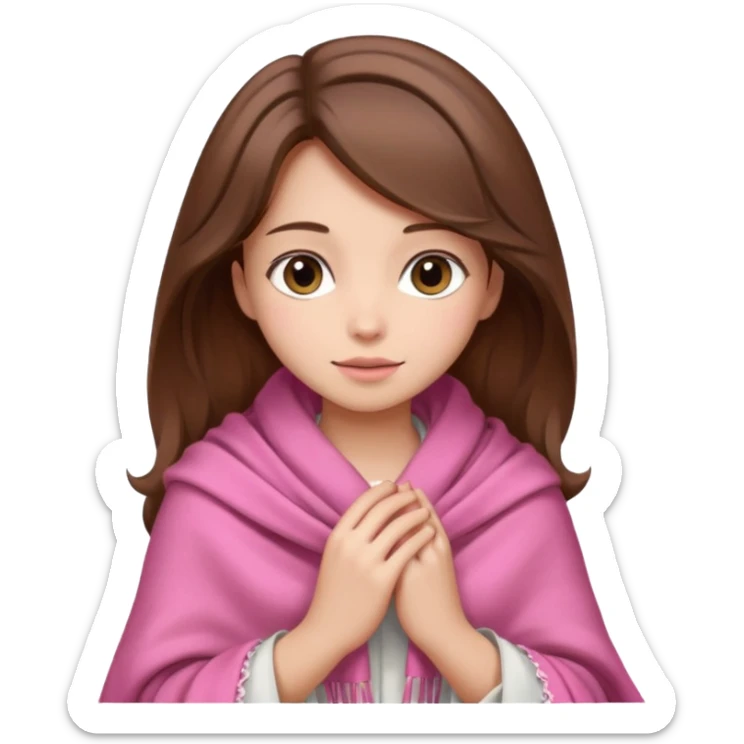 A girl with brown hair, wearing a pink shawl, has beautiful features and her hand rests on the shawl. sticker