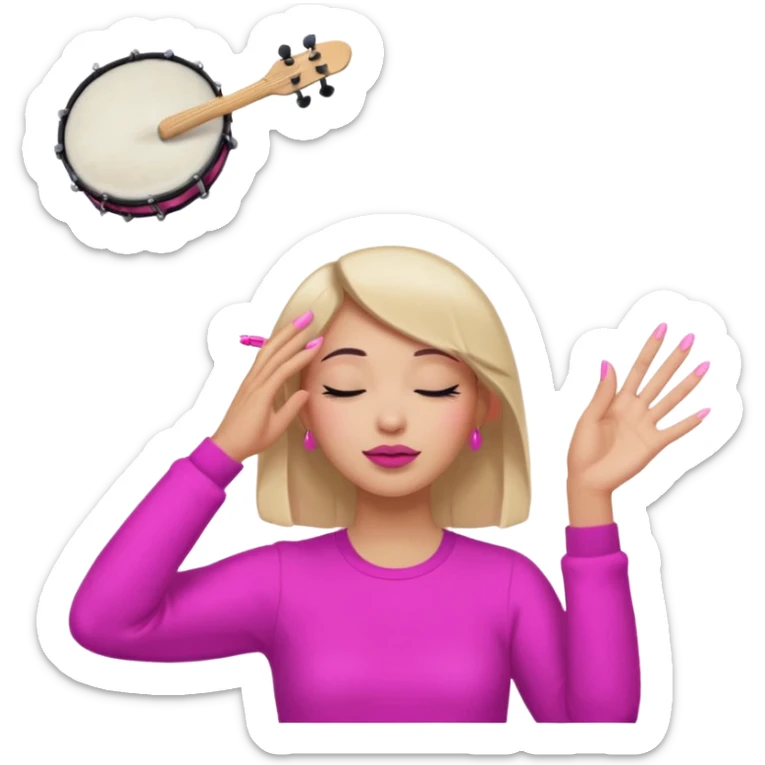 Yellow circle emoji sighing and drumming fingers up the side of their head the eye is closed it is a side profile pink lipstick and pink nails sticker