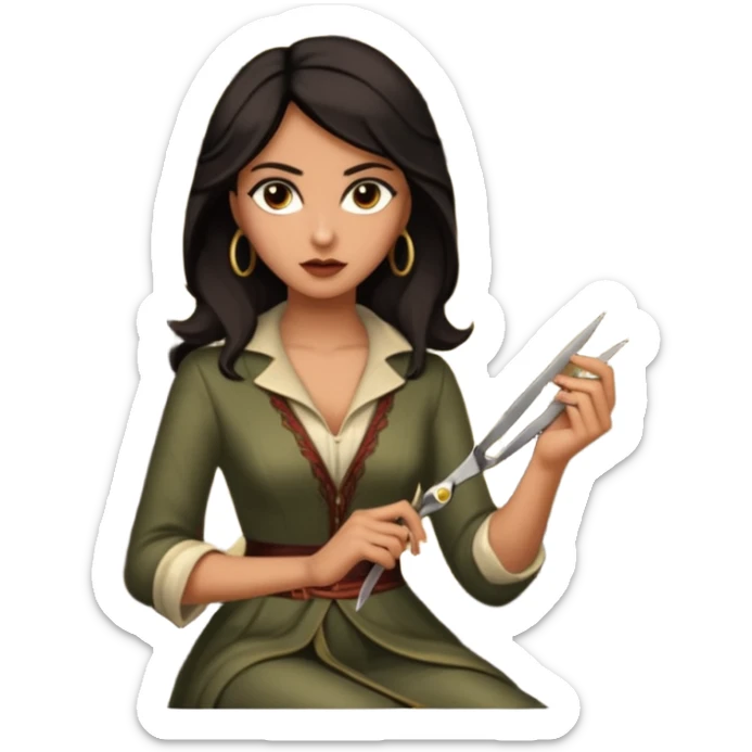 Delilah, a beautiful Philistine woman with dark hair and elegant clothing, seated in a dimly lit room. She has a cunning, seductive expression as she holds a pair of scissors, symbolizing her betrayal of Samson. sticker