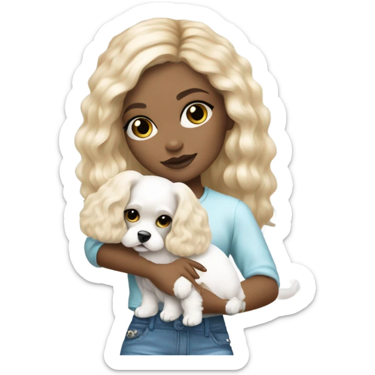 Cute long haired Blonde and blue-eyed girl fashion nightclub outfit and holding white cavachon dog sticker