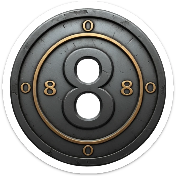 Minimal emoji, gothic metal coin made of black steel, engraved number 8 at the center, ancient industrial aesthetic, worn metal texture, no glow, no neon, flat emoji design, centered, transparent background sticker
