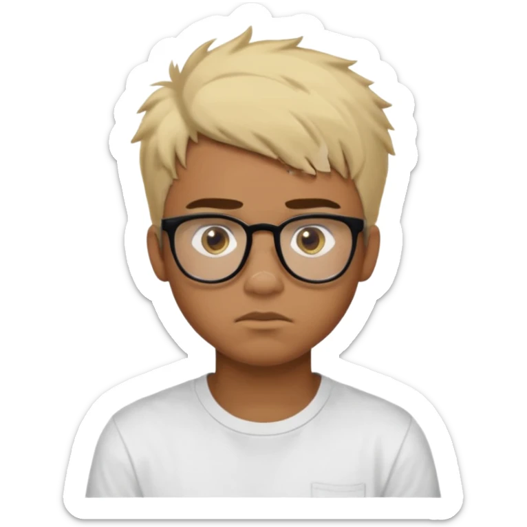 Teenager. Short buzz, messy blonde hair. Dark brown bushy eyebrows large expressive golden-brown eyes, brown skin color, scar over nose, wearing a plain white t-shirt. wearing clear thick black glasses. 20 year old male. thinking facial expression. brown skin color.  sticker