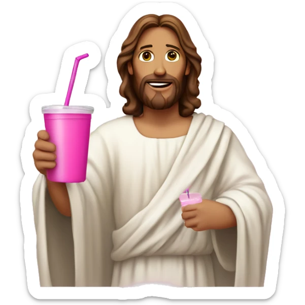 Jesus in a gown holding a pink tumbler with a lid and straw sticker