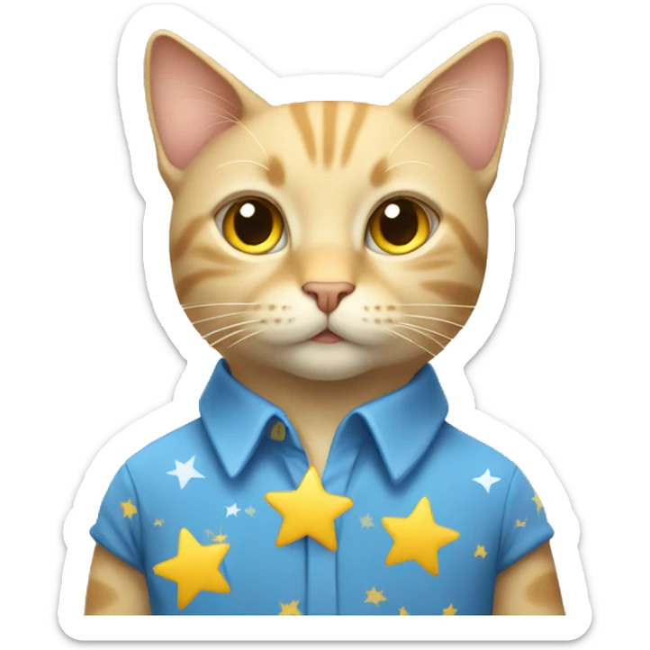 Beige cat wearing a Blue shirt with white stars and yellow sticker