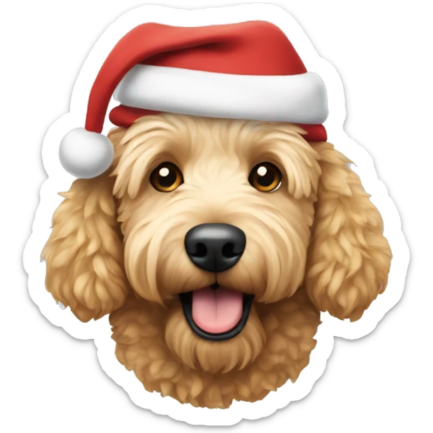 A golden doodle dog wearing a Santa hat sticker