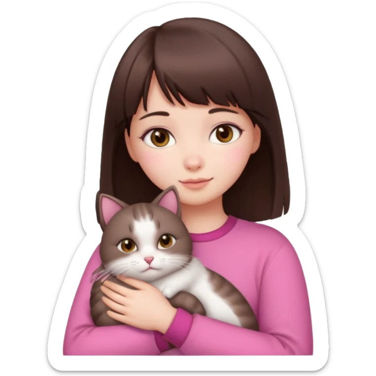 a cute white girl with bangs and straight dark brown hair, brown eye, light makeup wear a pink clothes hugs a cute chubby cat sticker