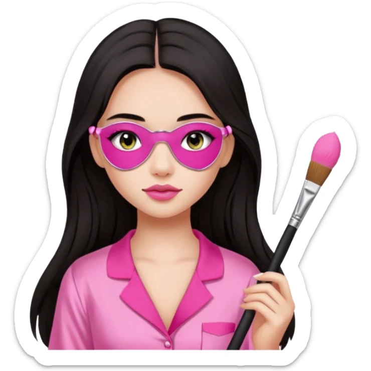 Dark long hair girl wearing pink victorias secret sleepwear is holding a makeup brush she also has eye patches white sticker