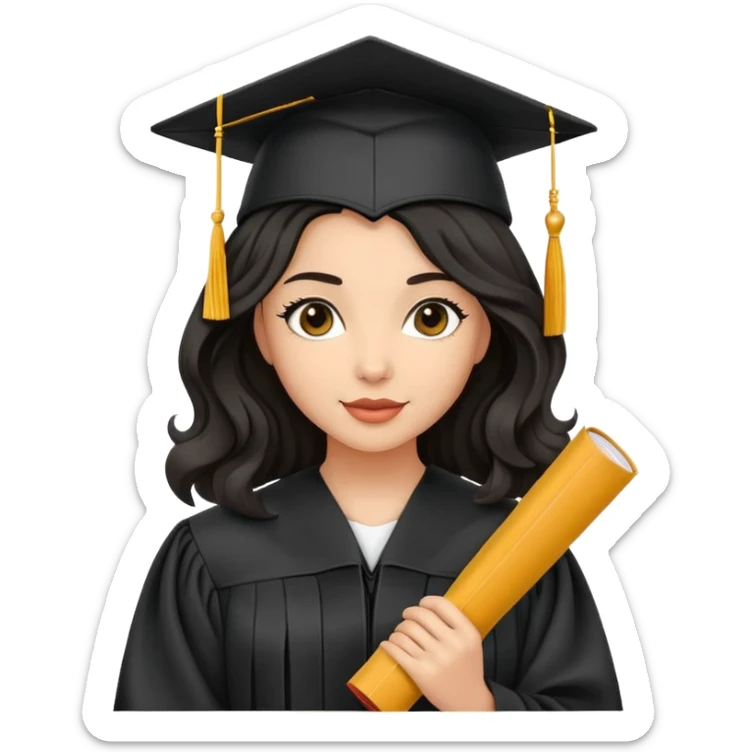 beautiful olive-skinned woman with wavy black hair wearing graduation cap and gown, holding diploma sticker
