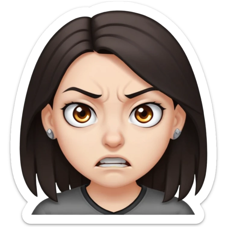 angry girl, dark brown shoulder-length hair, grey eyes, nose and ear piercings sticker