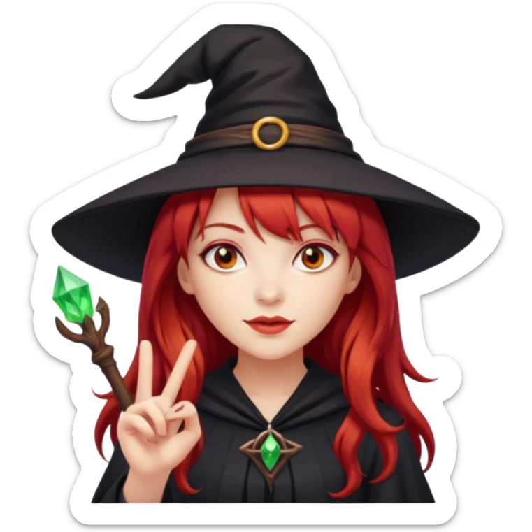 a witchy girl with long red hair and bangs holding a lucky sign sticker