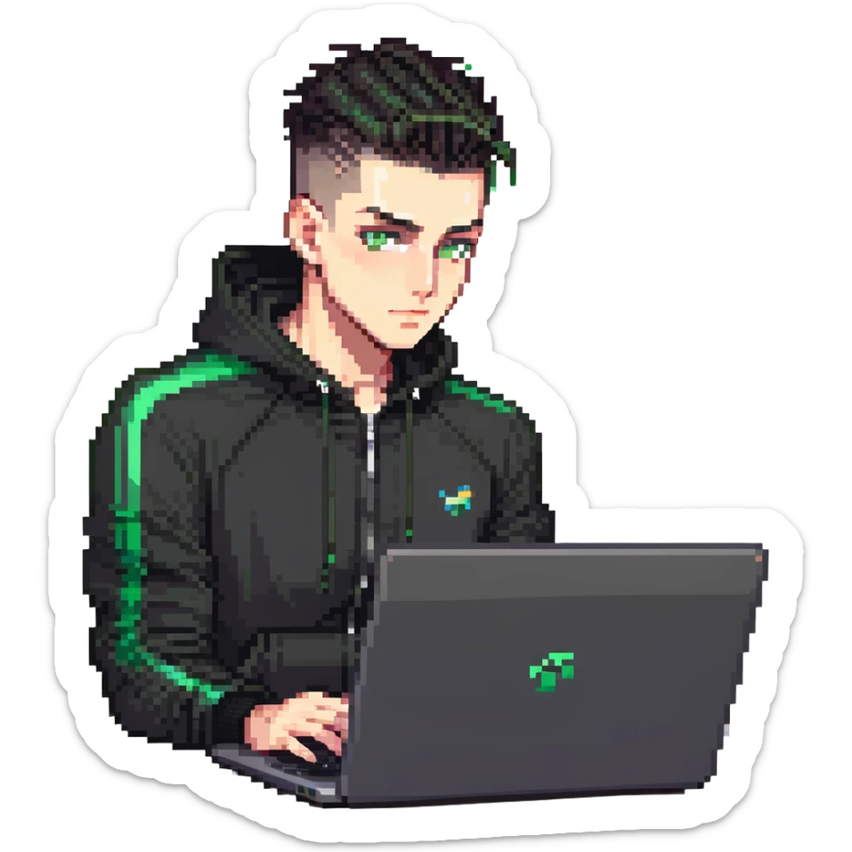 male with dark hair, high fade haircut, high slick back hairstyle, green eyes, wearing a black tracksuit, coding on black laptop sticker