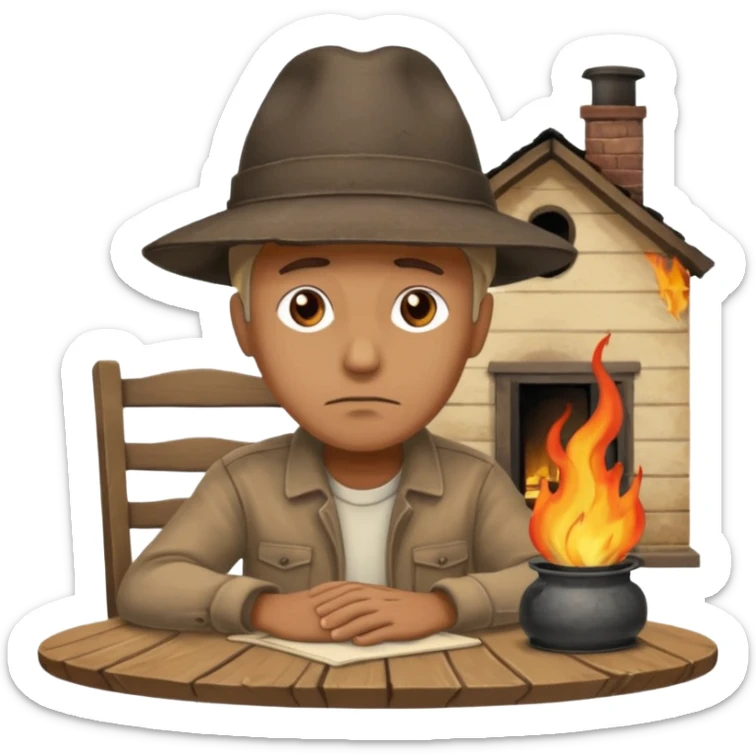 apple style emoji of a sad man at a table, burning house in the background sticker