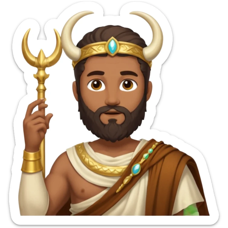 Faunus, God from Nature Roman Deities with long dark brown hair and beard, tan sequin toga, ivory horn sticker