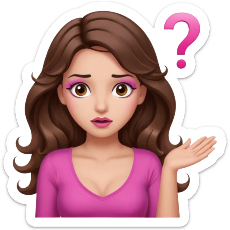 girl with long wavy brown hair, brown eyes, long lashes makeup, sexy pink lips, light to medium complexion, pink sexy top,, shrugging with both hands, confused, question mark sticker