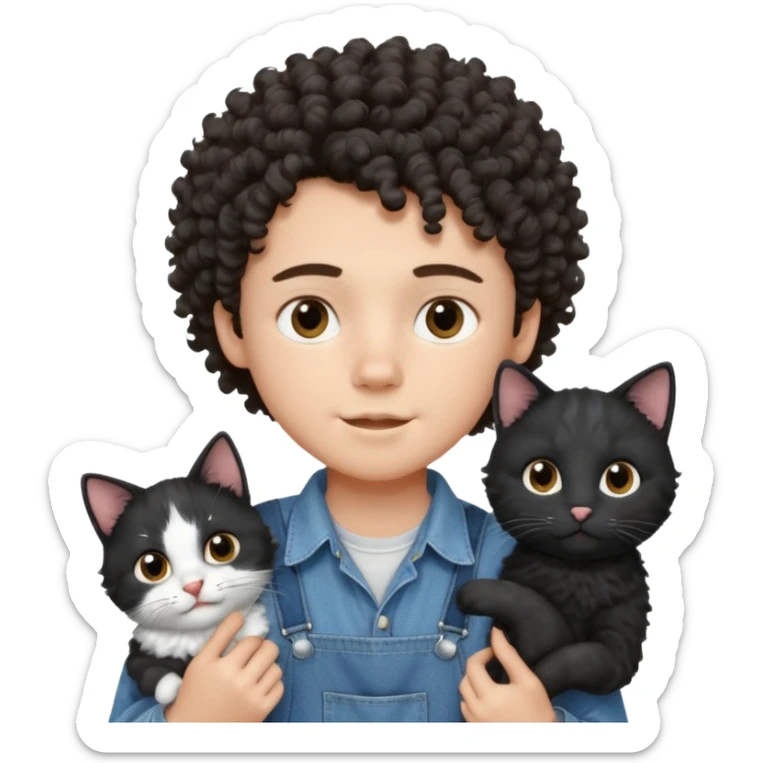 Apple emoji of a curly hair and dark brown eyes 13 year old boy with denim shirt and overalls with a black and white cat sticker