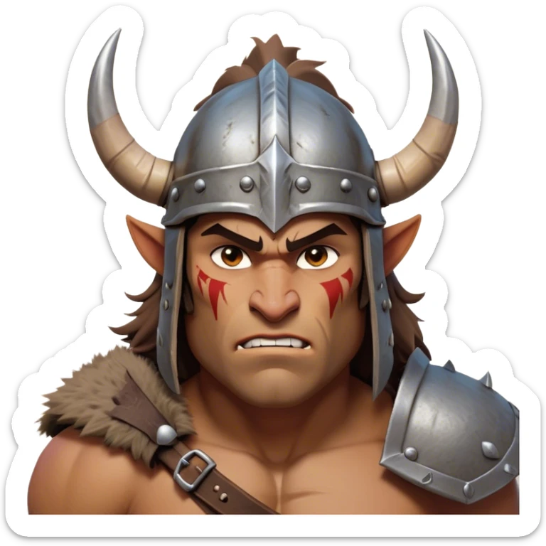 Cinematic Fierce Barbarian Portrait Emoji, Poised and bold with a rugged yet cartoonish build in tattered furs and a horned helmet, expressive bright eyes and a confident smirk, Simplified yet dynamic features, highly detailed, glowing with a vivid, adventurous aura, high shine, heroic and spirited, stylized with an air of medieval warrior charm, focused and energetic, soft glowing outline, capturing the essence of a fearless barbarian adventurer ready to lead his clan with spirited valor! sticker