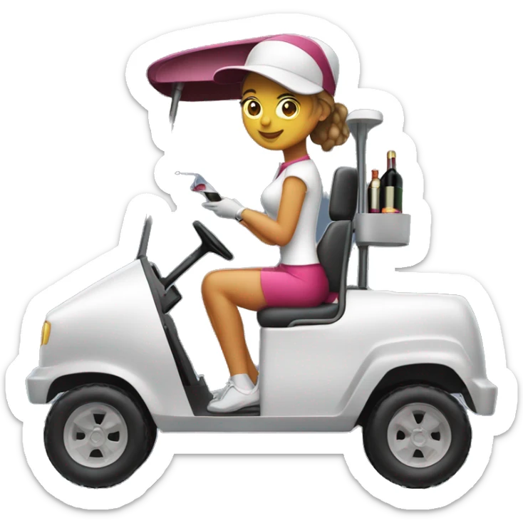 Girl driving golf cart with a wine in hand and a small zip lock bag sticker