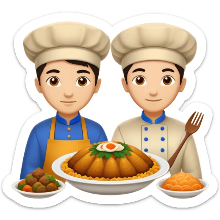 Uzbek cuisine humanless avatar in bright illustration. Classic dishes like plov and samsa, warm golden and earthy tones, simple shapes, flat design, high contrast, friendly and appetizing. sticker