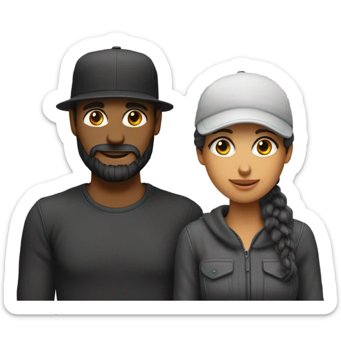 una mujer cabello negro y un hombre canoso barbudo con gorra puesta abrazándose como amigos sticker
