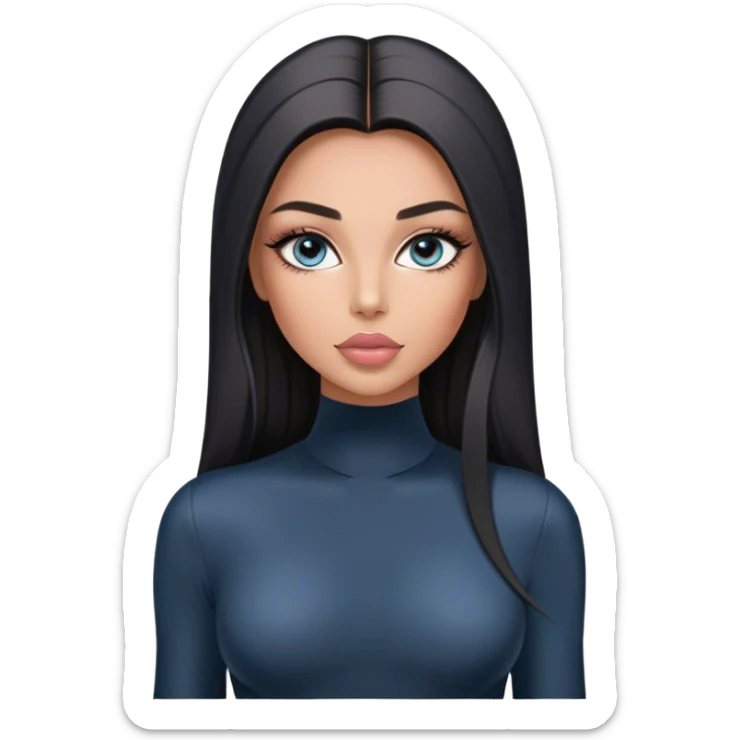 Glamours, tanned, very beautiful girl, with big pump peach-beige-rose lips, long long lashes, black straight smooth silky long hair, straight parting hair, blue-grey eyes in black long-sleeves bodysuit sticker