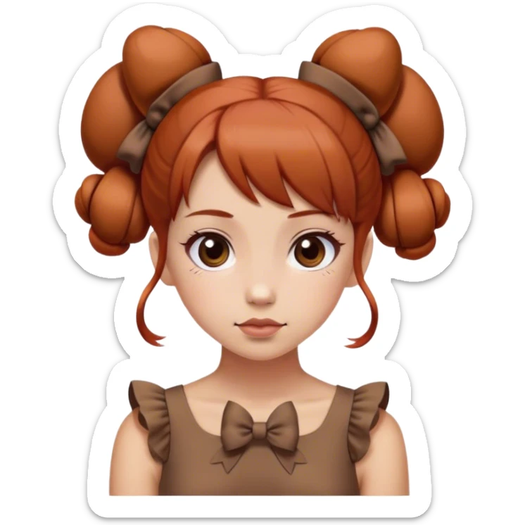 girl with reddish blunt hair and with 2 buns and 2 bows brown dress sticker