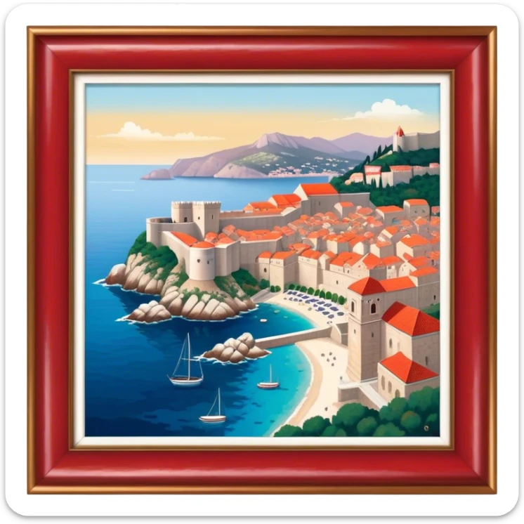 Cinematic Realistic aerial view of the historic city of Dubrovnik, showcasing its iconic red-roofed architecture, fortified walls, and sparkling Adriatic coastline, rendered with rich textures and warm Mediterranean lighting that captures its old-world charm. sticker