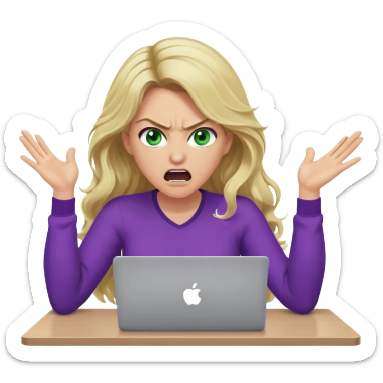 lady with long wavy blonde hair, purple top, green eyes, at desk with hands and face gesturing very angry and shouting, with a purple mac laptop  sticker