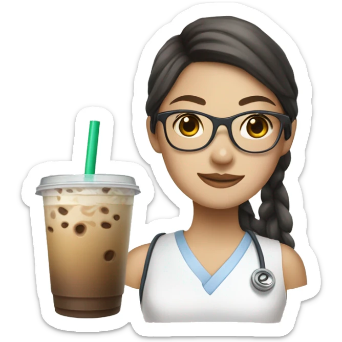 fair skinned Chinese girl with glasses nursing student with iced coffee and wearing crocs  sticker