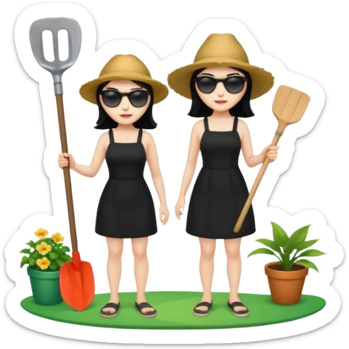 Princess who wearing black dress (woman) black hair holding her phone and a gardening shovel with another hand. She is standing on her feet, there is one green surfing board. sticker