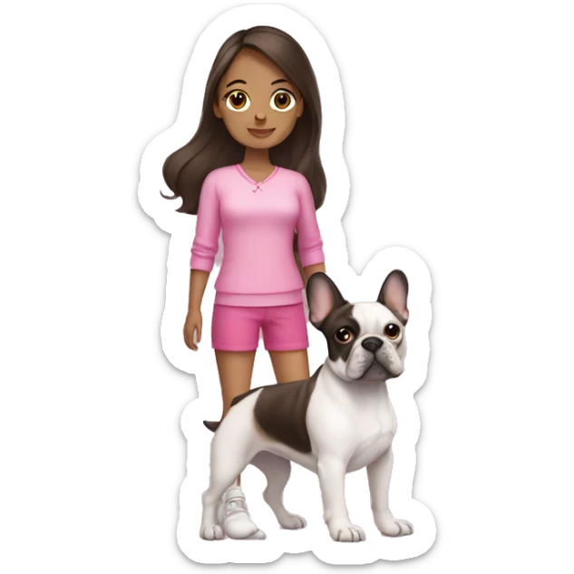 a brunette girl wearing a pink outfit holding a french bulldog sticker