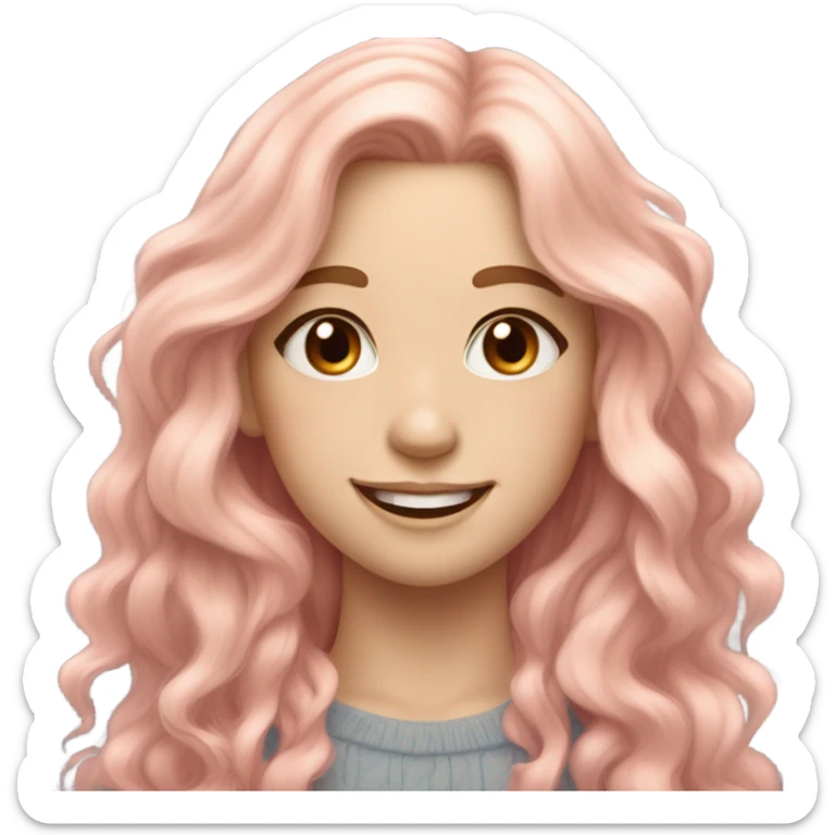Pretty girl with long wavy peachy pastel pink hair, pale skin, brown doe eyes, light makeup, smiling gently, beautiful sticker