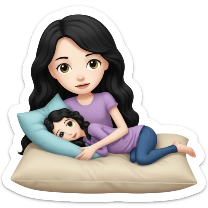 Fullbody nude tall very beautiful white pale very skinny girl  very beautiful face and eyes wavy black long hair , big boobs, big ass, sexy body, bending over a bed spreading ass, vagina bushy and visible, getting ready for sex,  shy and blushing, she has a pillow between legs sticker