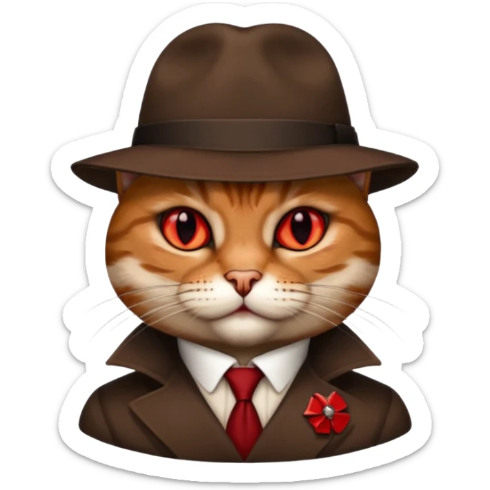 cat corleone mafia, red eyes, close head photo, hat brown with red emblement, RIP sticker