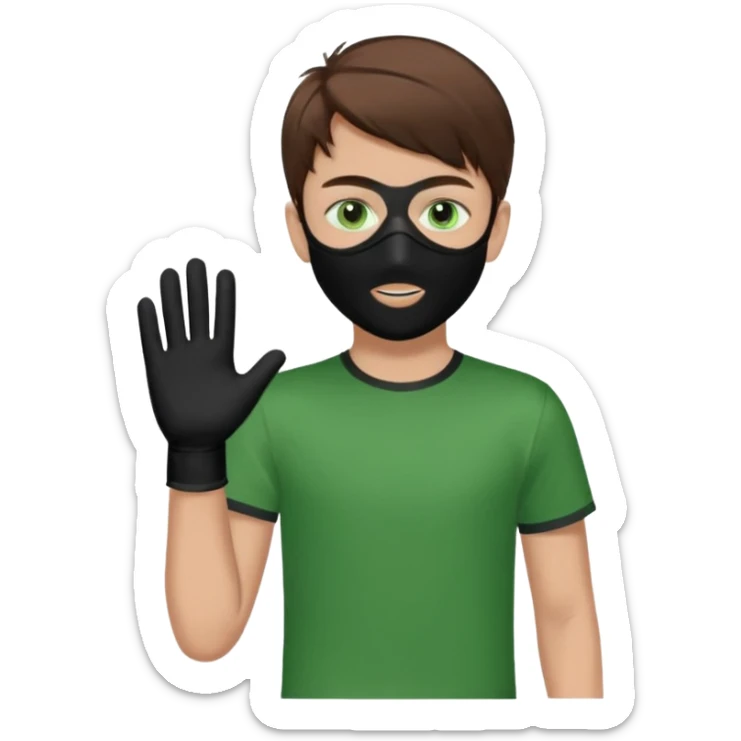 Chico de pelo marrón y ojos verdes. Con un cubre bocas negro, que tiene una camisa verde por encima de una remera blanca, y tiene un guante negro en una sola de las manos. sticker