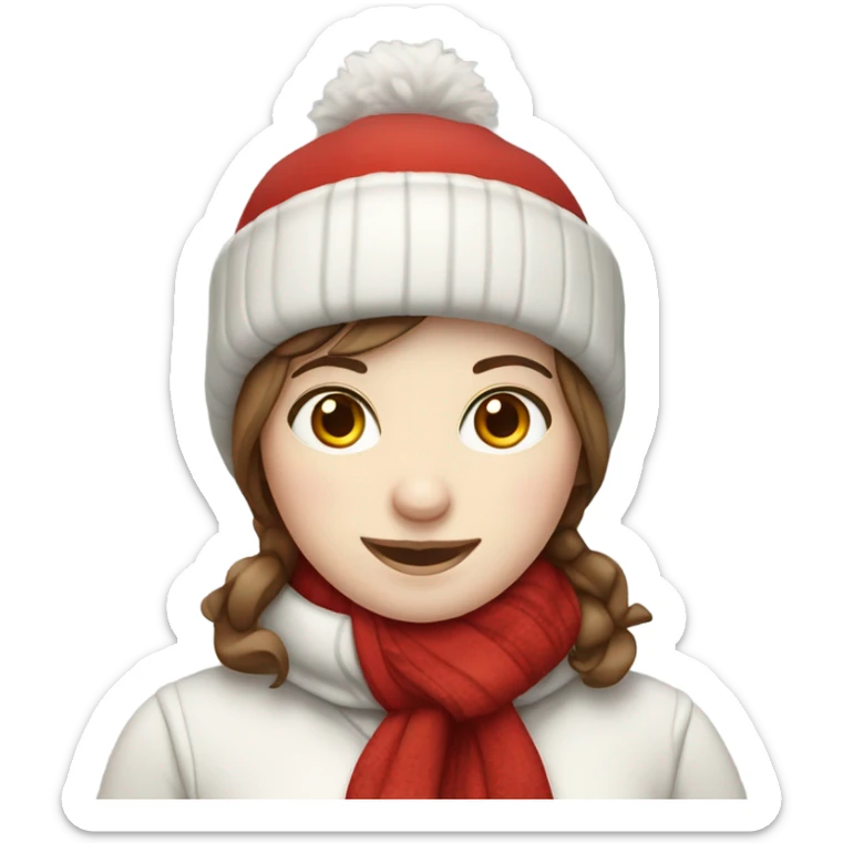 Pretty female snowman with brown hair and pale skin in red hat and red scarf sticker