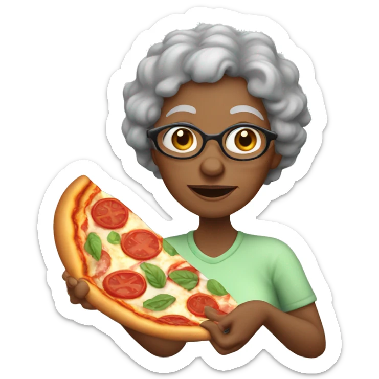 Elderly black woman with gray curly hair eating pizza sticker