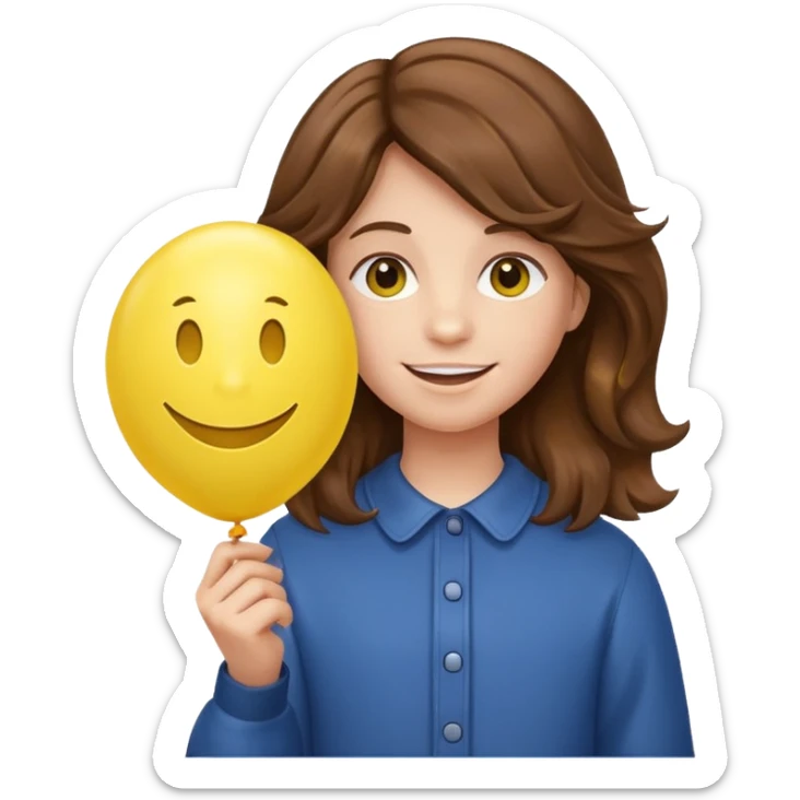 Teen wavy brown hair, with smiley-face balloon sticker