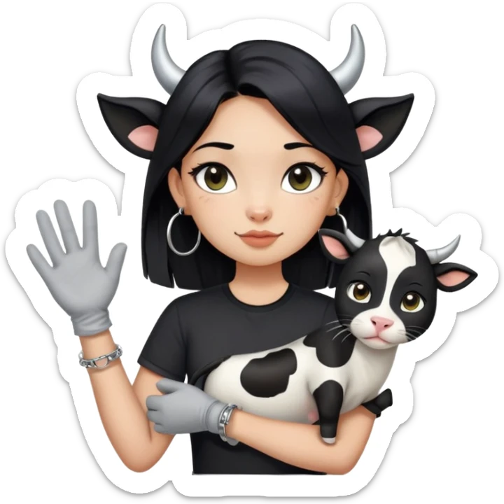 A girl with long straight black hair has upward-slanting eyeliner. She is wearing large silver hoop earrings, a black short-sleeved shirt, and a bracelet on her left hand. She is holding a cow cat with a black face and white "gloves". sticker