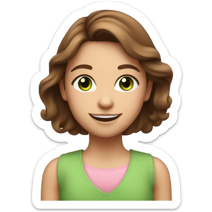 smiling girl with brown hair and green eyes in pink sticker