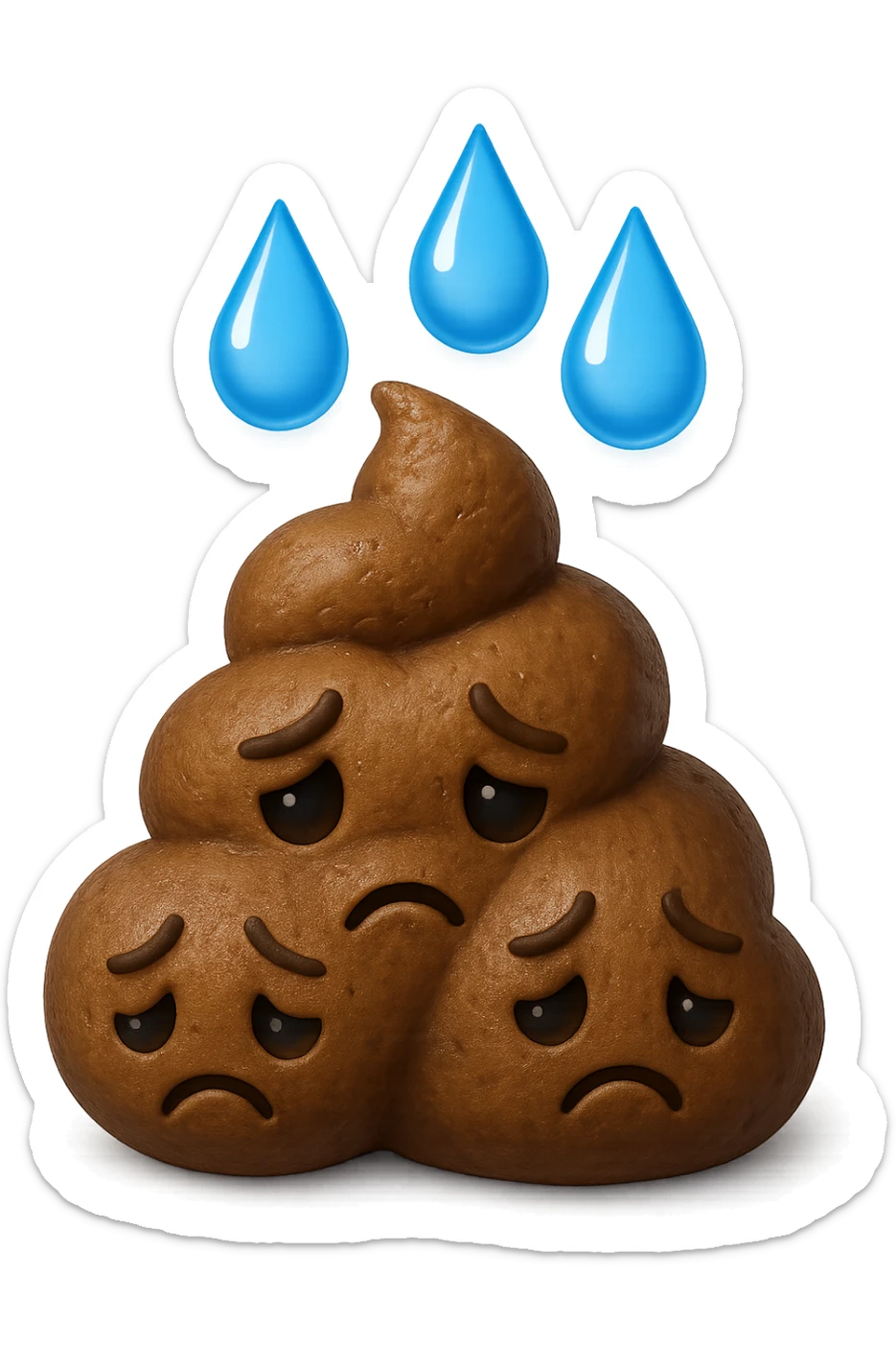 emoji stile iphone di una montagnetta di feci umane realistiche a palline tristi con sopra un simbolo delle gocce di acqua, iperrealistico 4k sticker